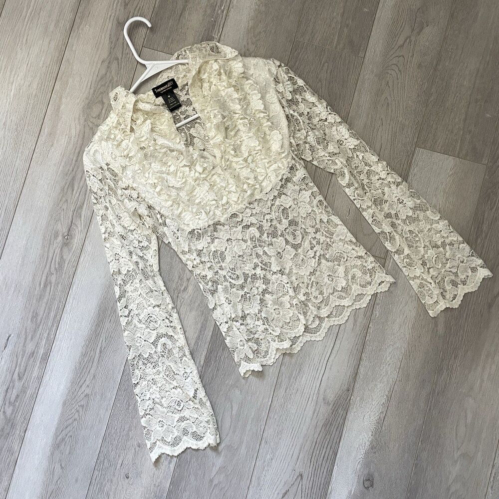 Vintage Lace Blouse sheer collared long sleeve womens Cream medium renaissance